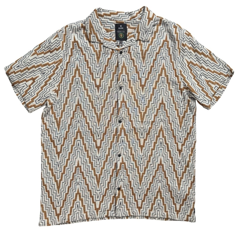 Roark Manawa Tapu Button Up Geometric Tribal Chevron Beige Tan Zig Zag Shirt XL